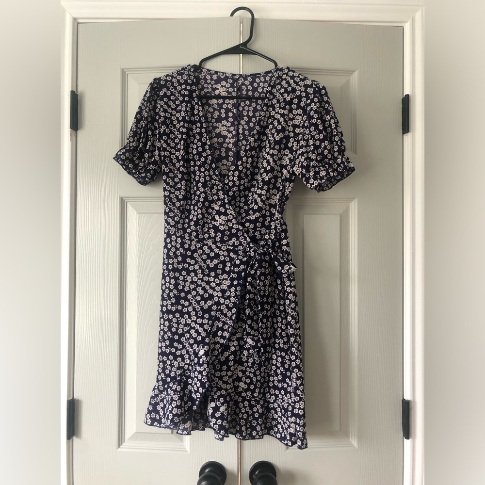 Navy Blue Floral Tie Wrap Dress